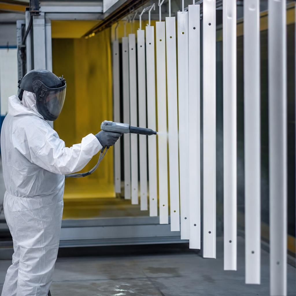 Aluminium parts during the coating process in a workshop setting