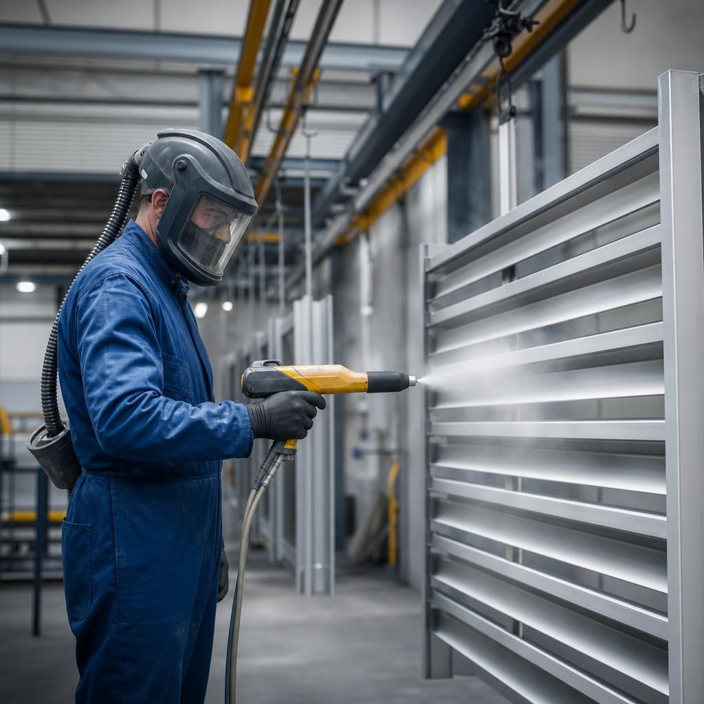 Industrial worker applying aluminium powder coating