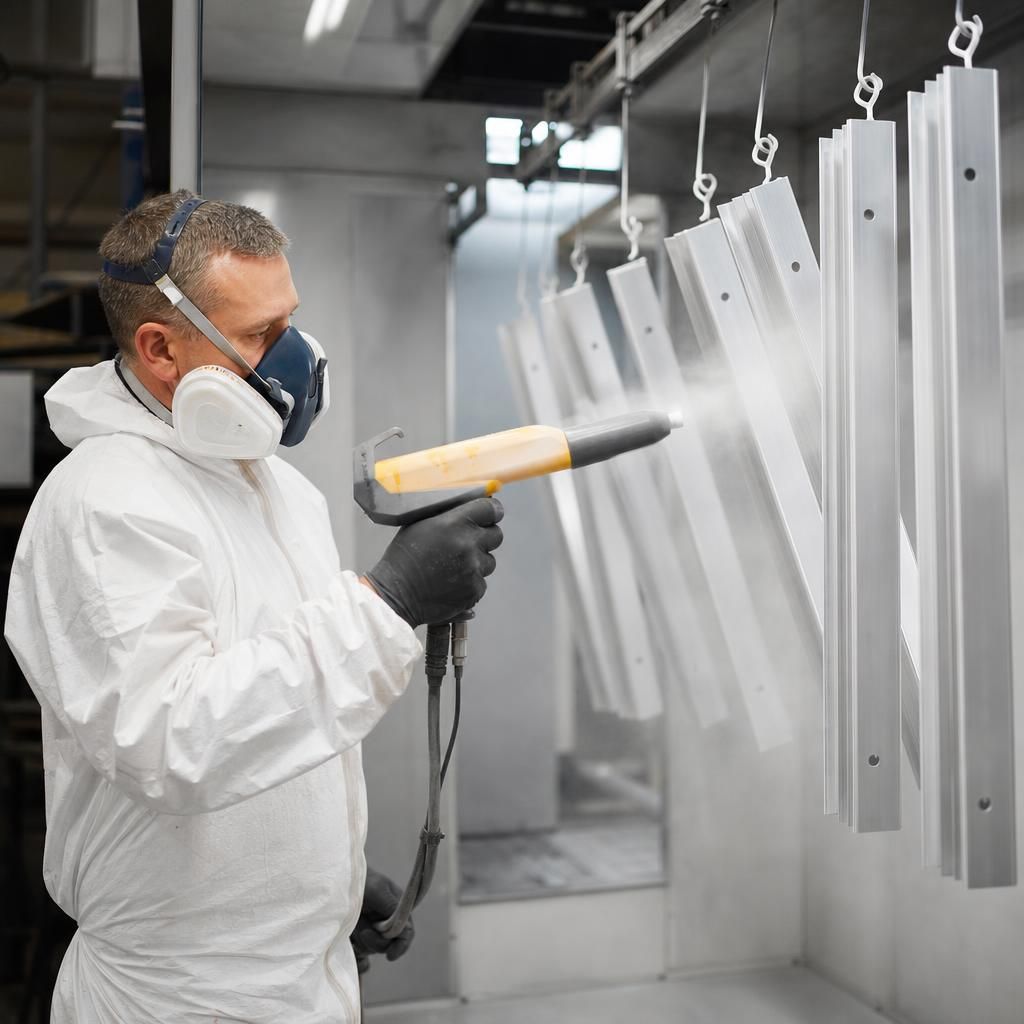 Close-up of powder coating equipment in use
