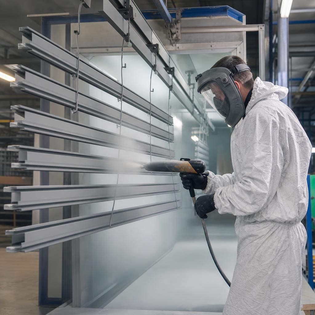Industrial setting with powder-coated machinery