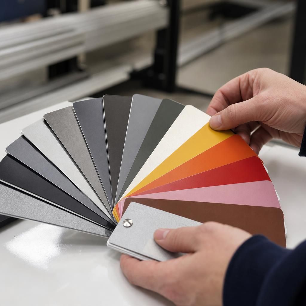 Sample comparison of different powder coat finishes on aluminium