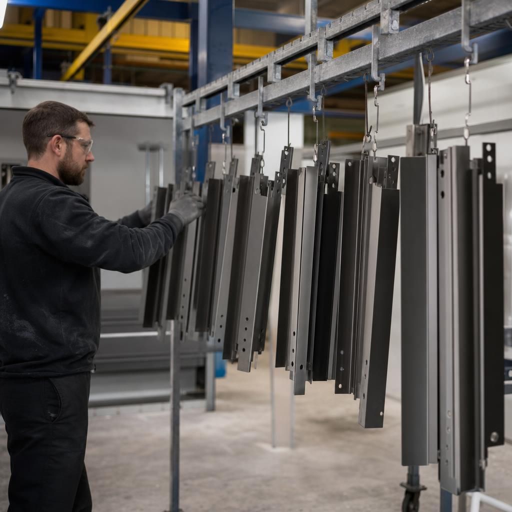 Close-up of aluminium window frames with various powder coating finishes