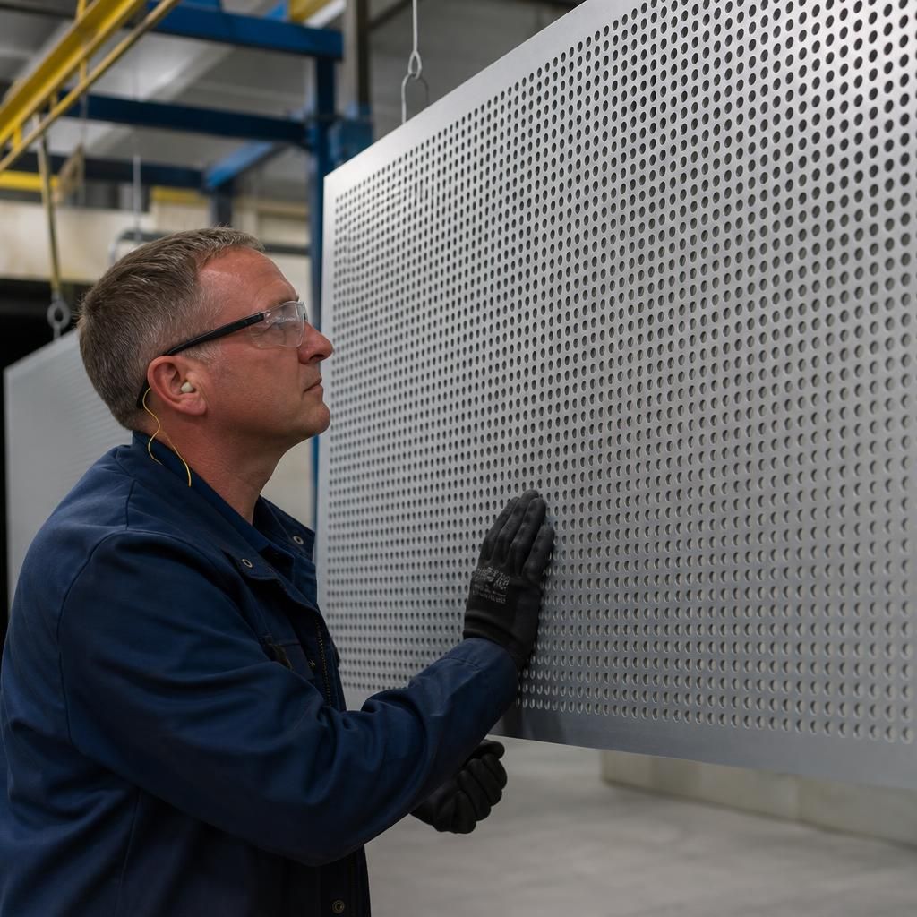 Powder coated perforated aluminium facade on a modern building