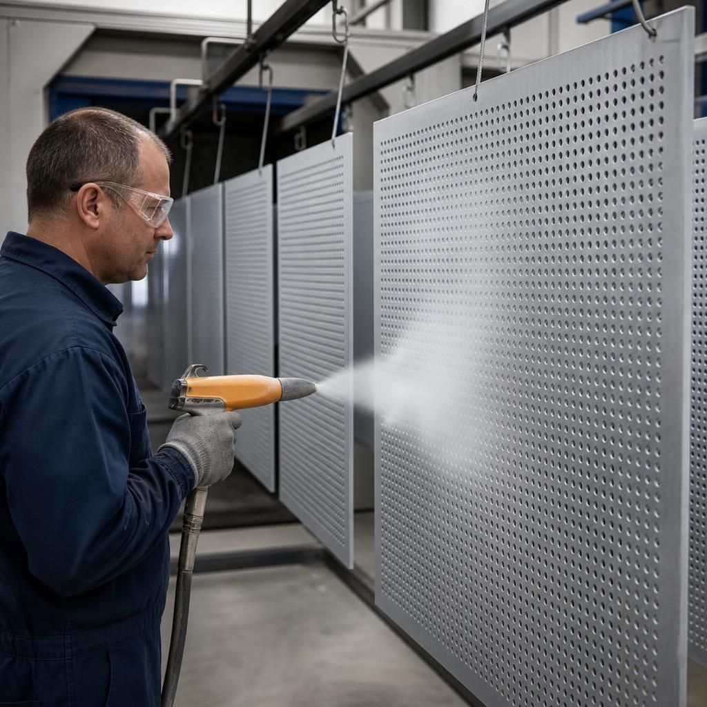 Powder coated perforated aluminium panel in an industrial setting