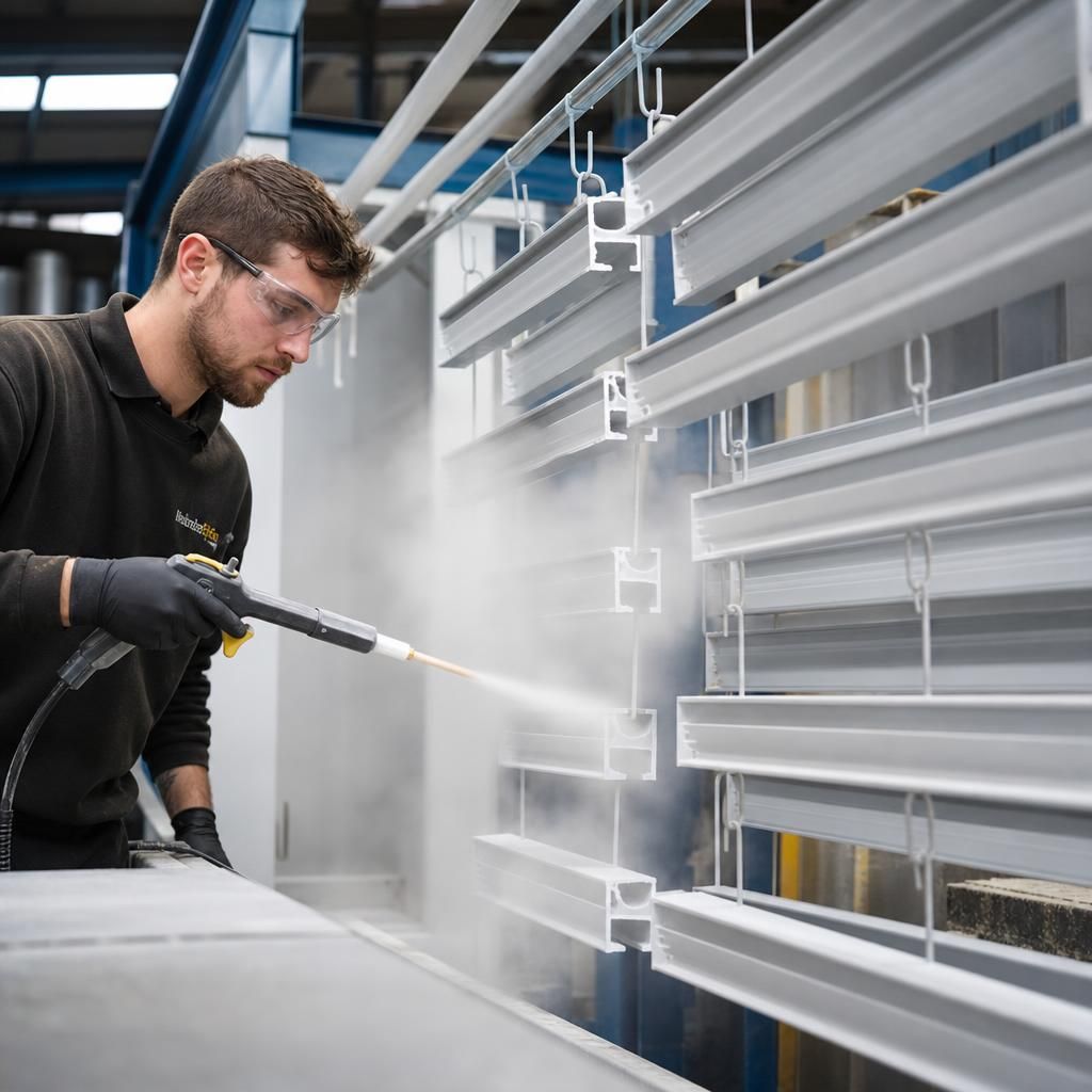 Aluminium window frames being powder coated