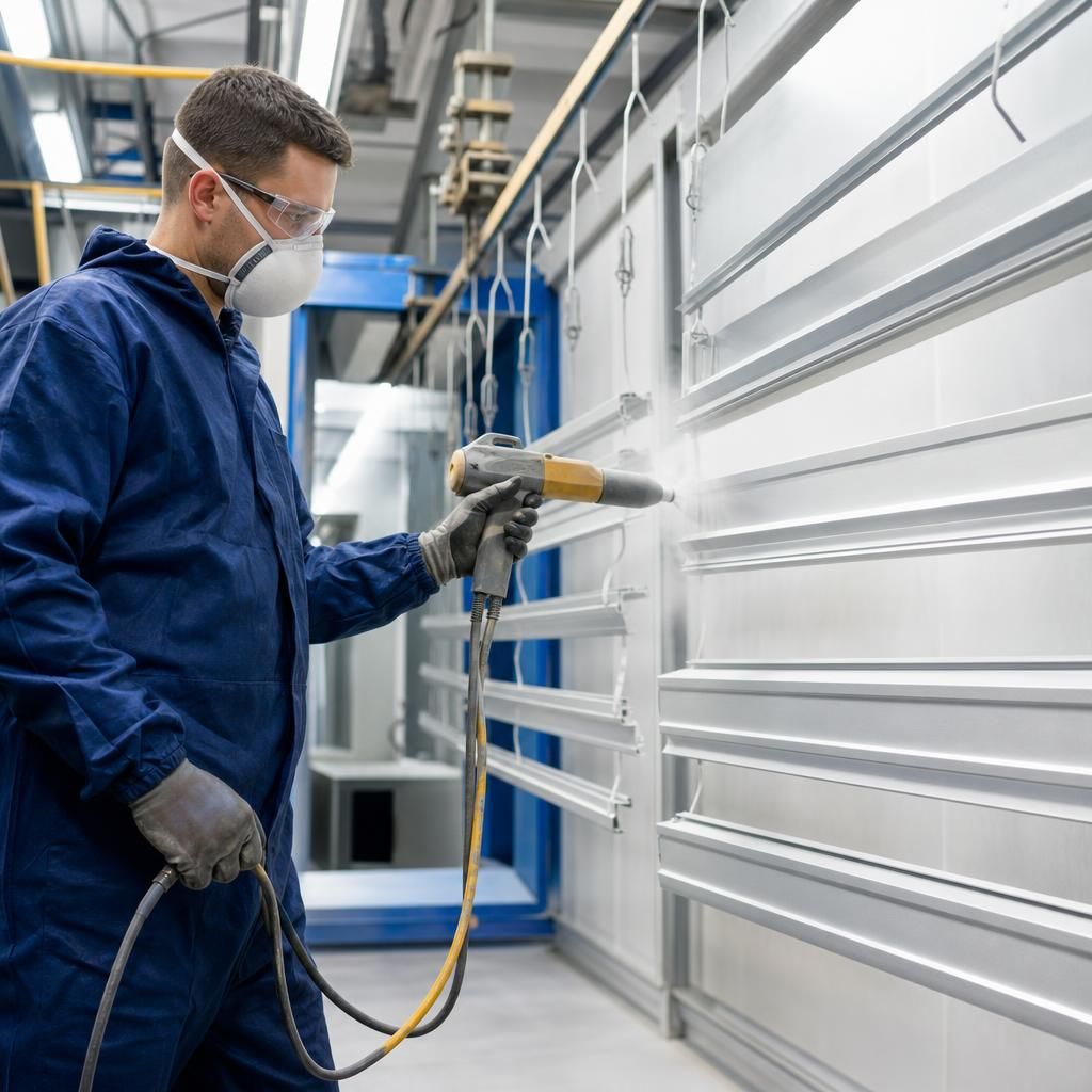 Technician applying powder coating to aluminium