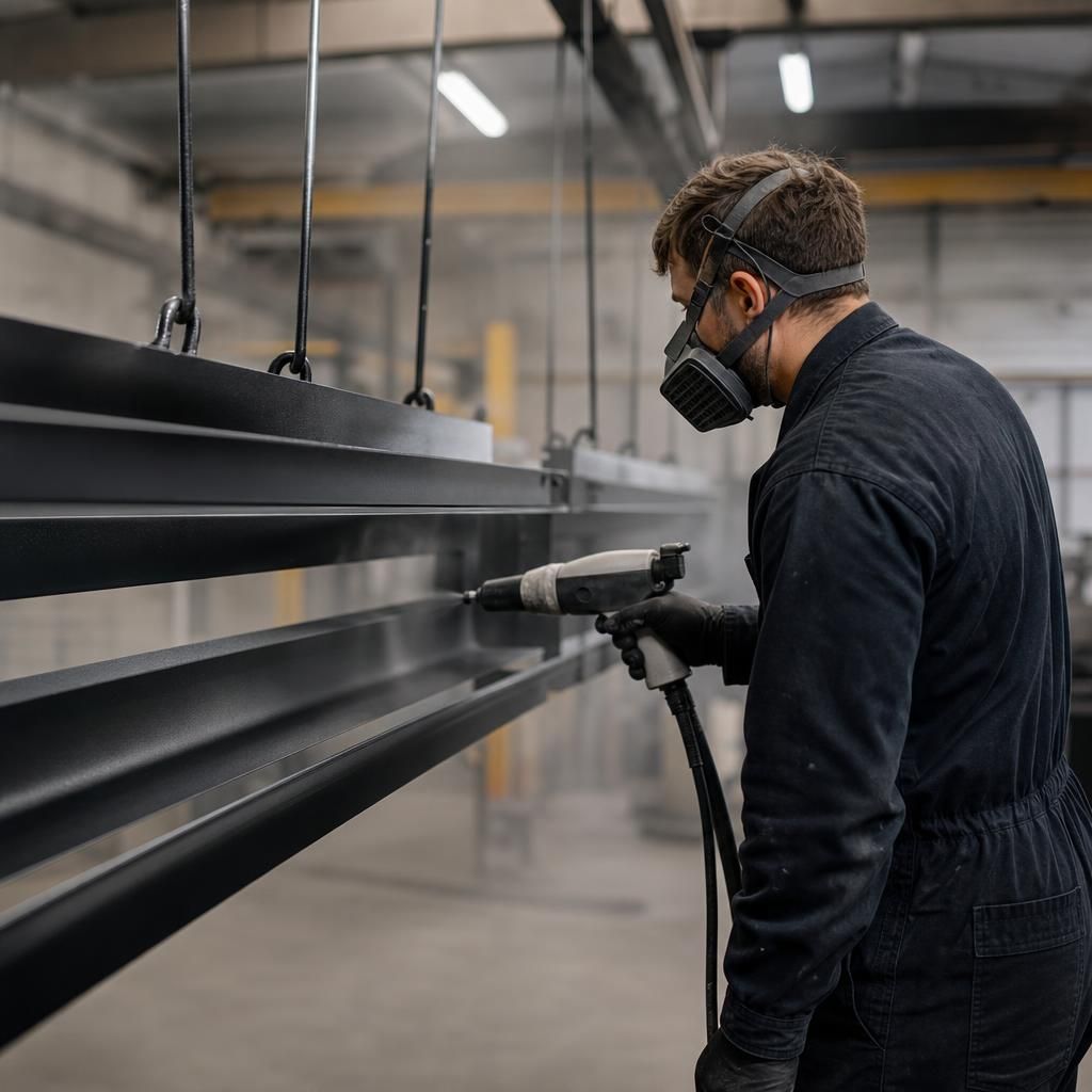 Image of metal component with primer in industrial setting