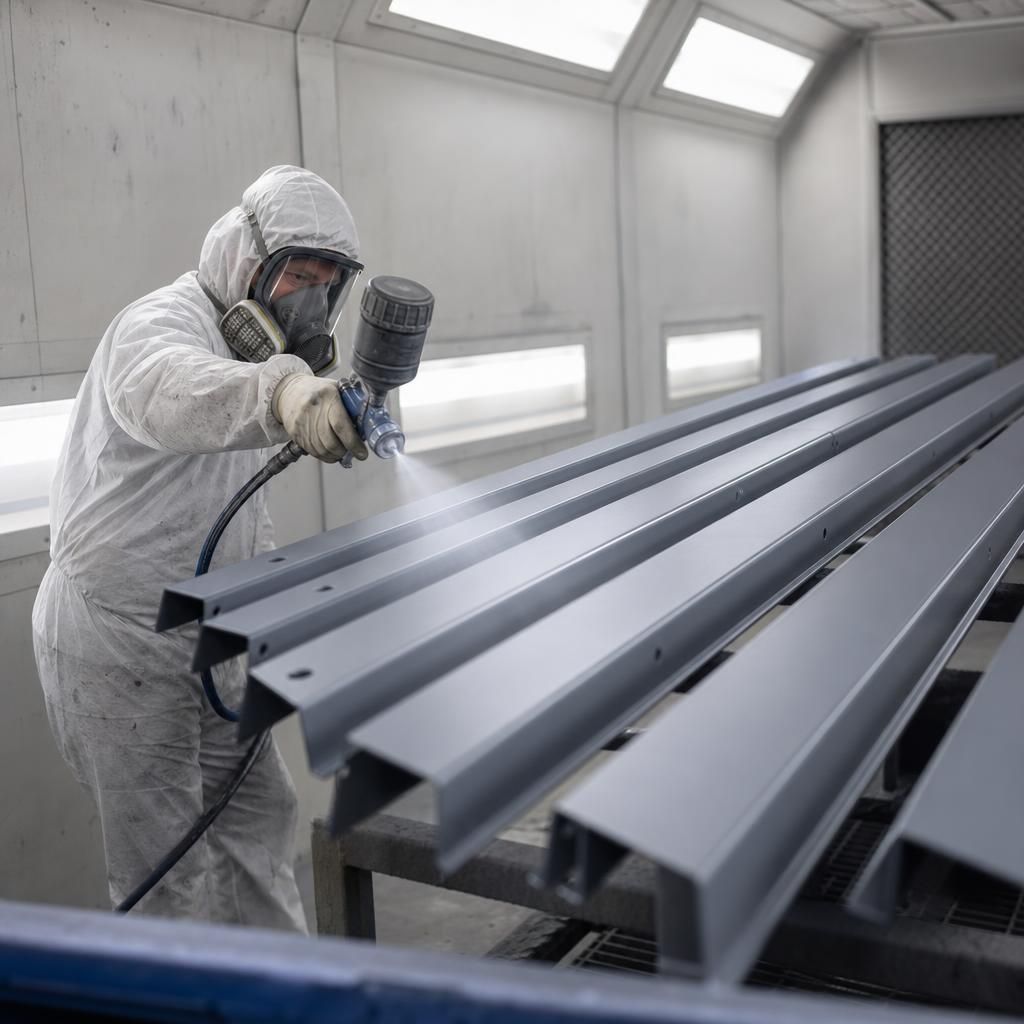 Industrial worker applying primer coating to metal