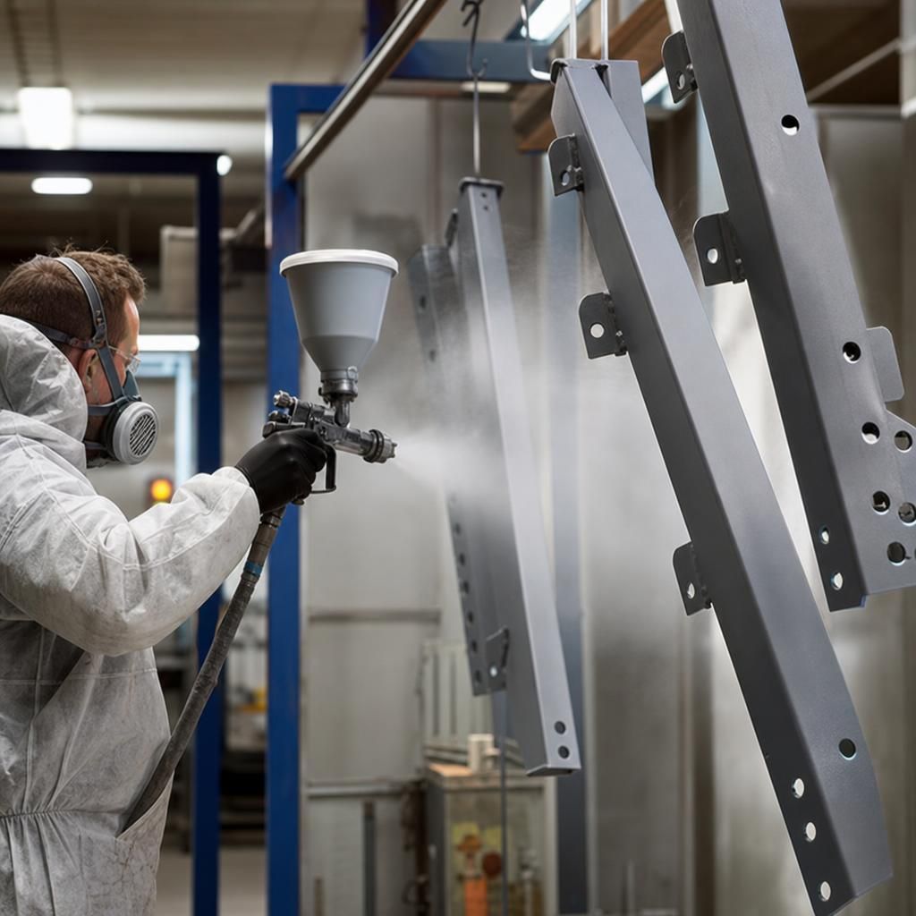 Metal component with durable powder coating in process