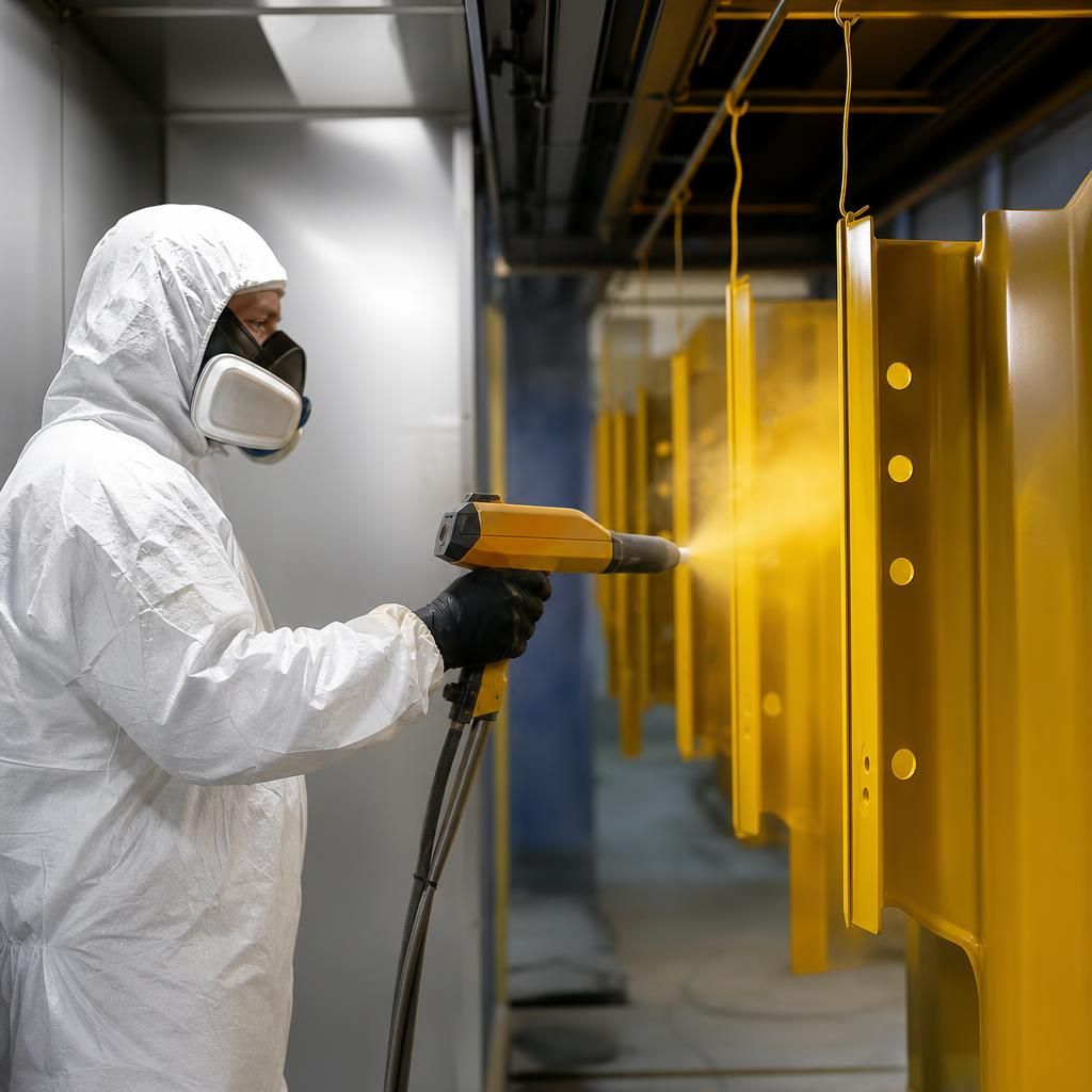 Close-up of a powder coating application gun