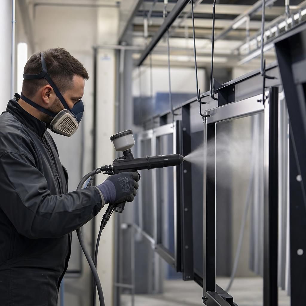 Operator wearing protective gear during powder coating process