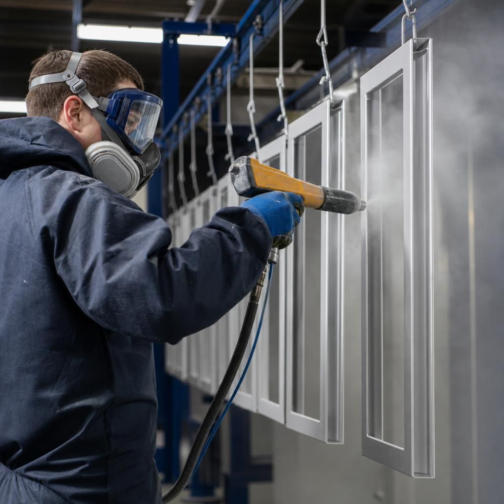 Powder coating supplies and equipment on a workbench