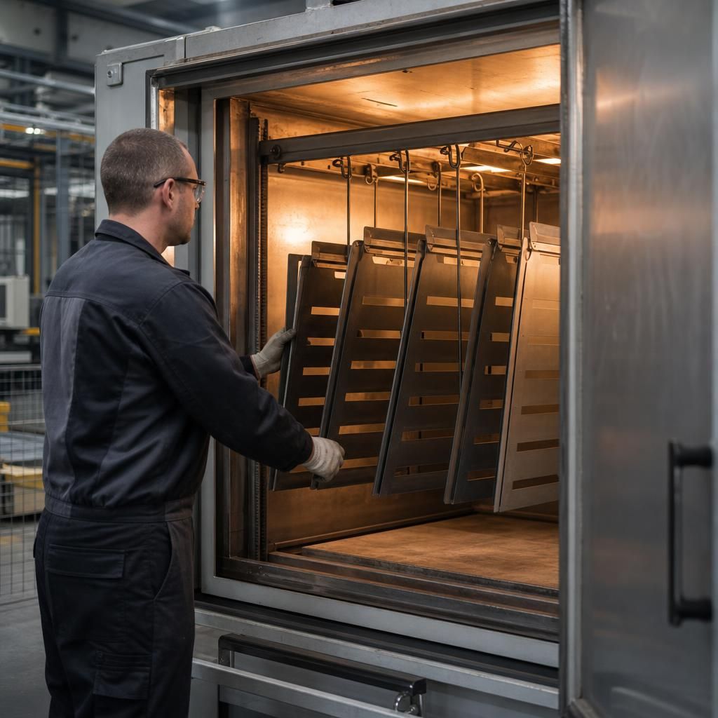 Close-up view of a convection oven used in powder coating