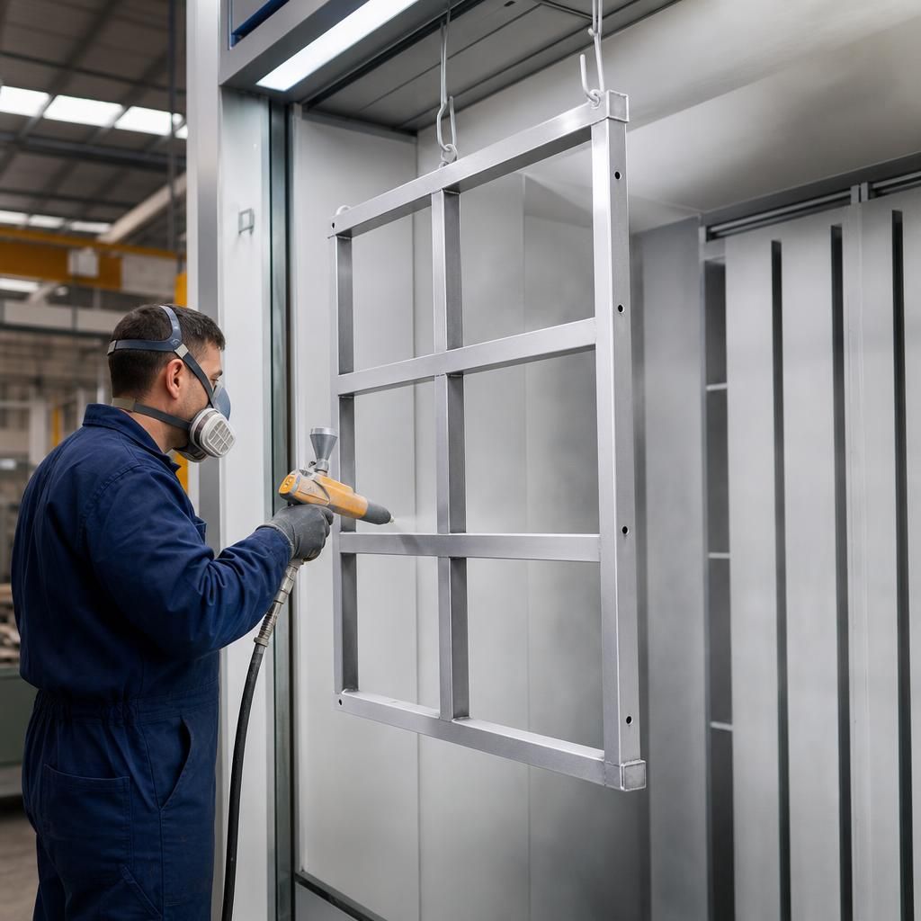 A series of thick, even powder-coated metal frames.