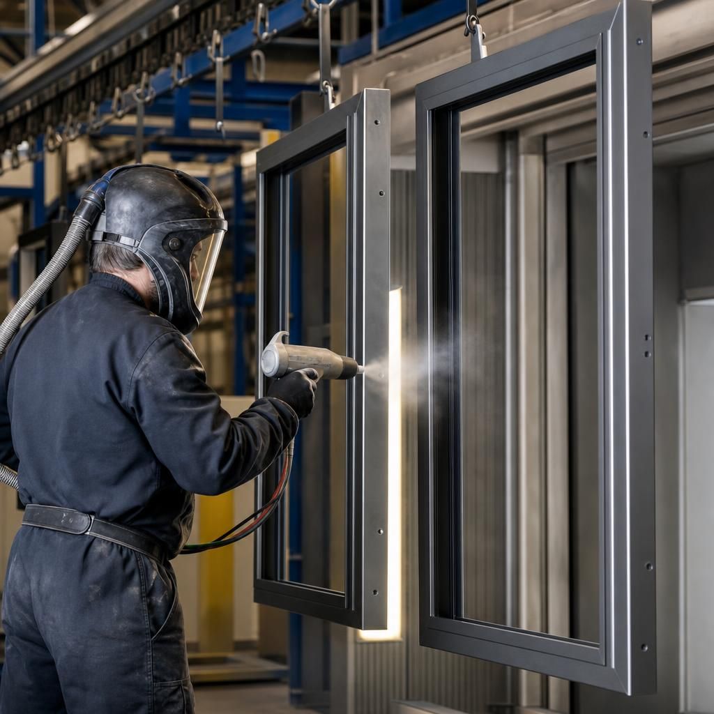 Metal frames being cured in an industrial oven.