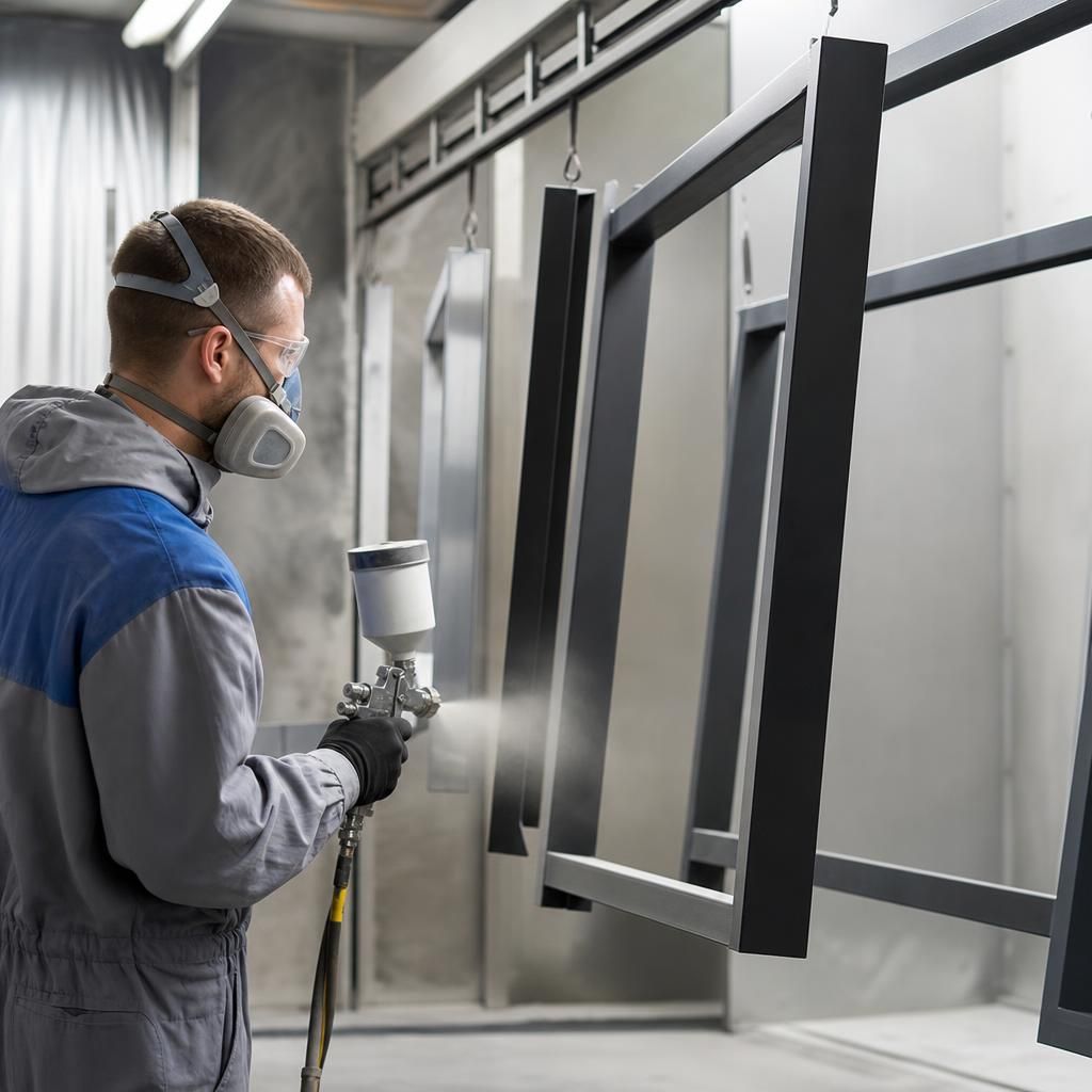 Metal frames undergoing the powder coating process.