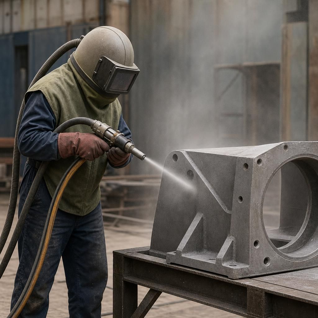 Worker in protective gear handling high-pressure sand blasting