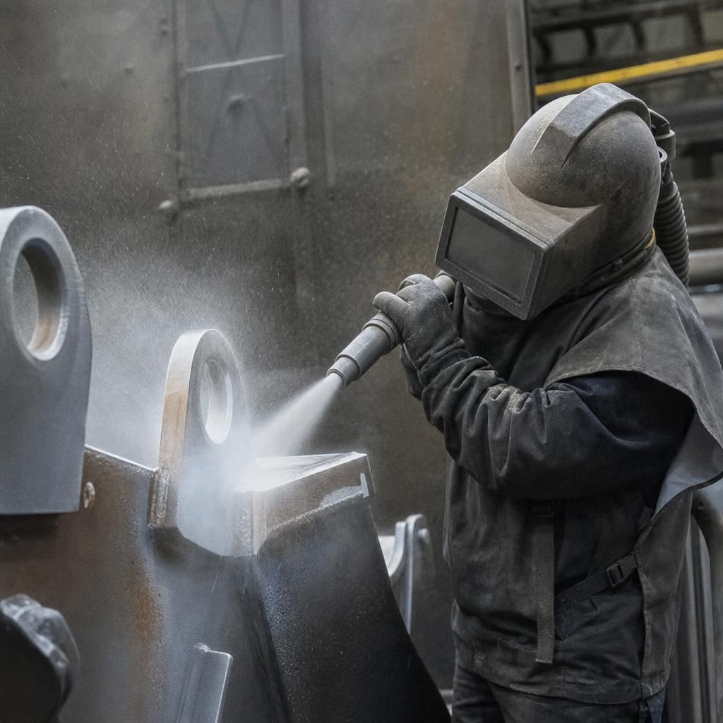 Large-scale sand blasting equipment in use