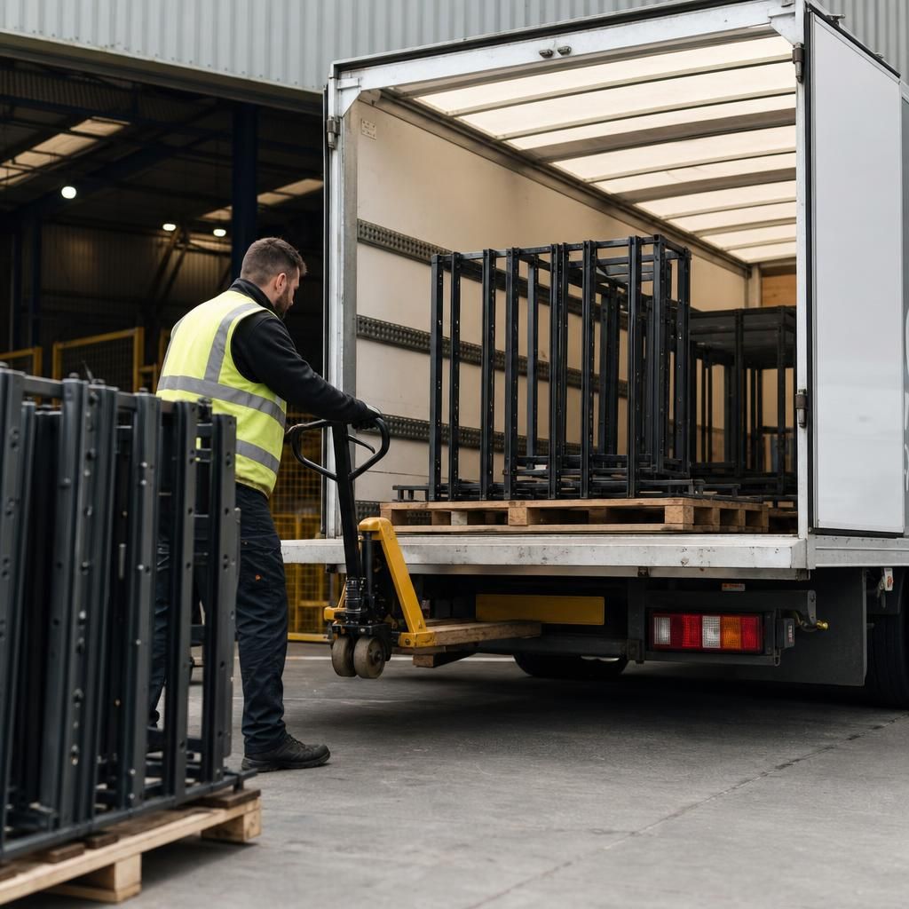 Truck loading metal components for powder coating