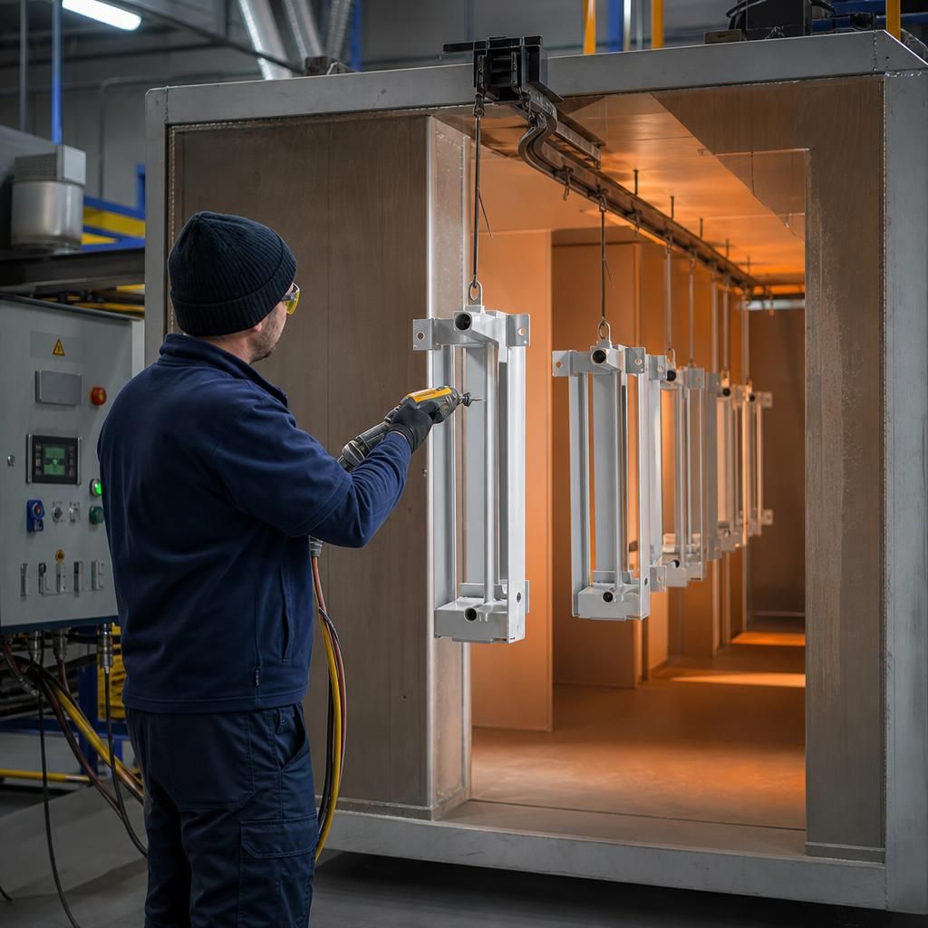 Large industrial components awaiting powder coating