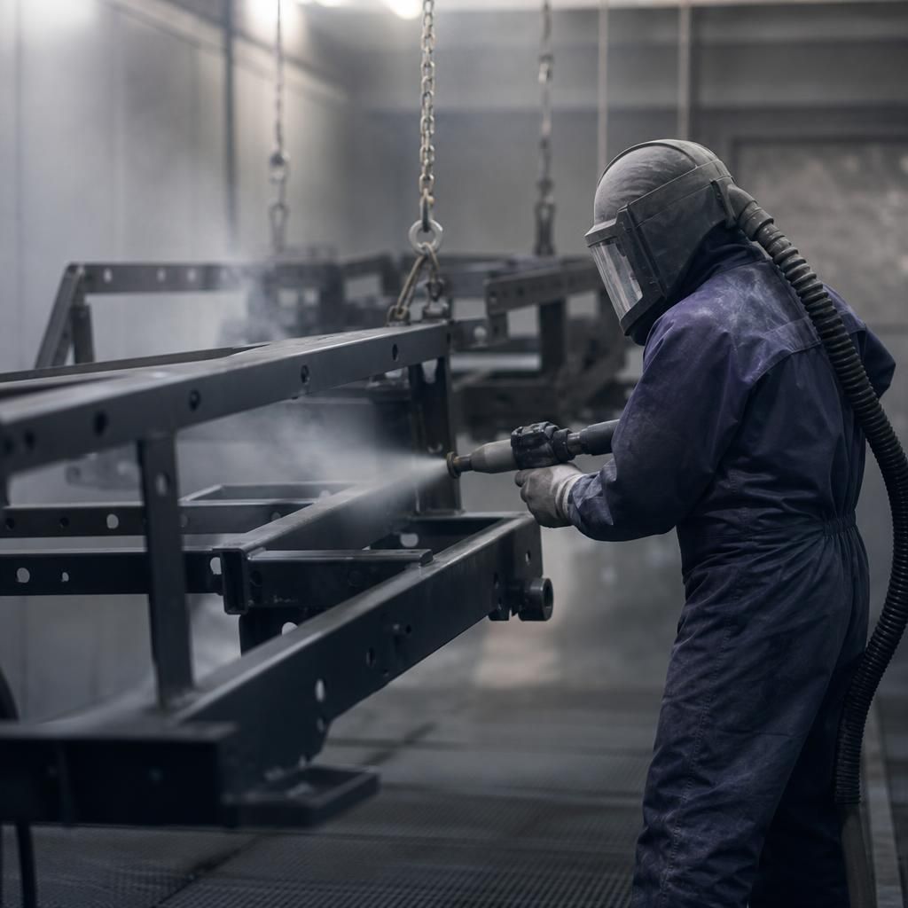 Worker applying primer to metal surface