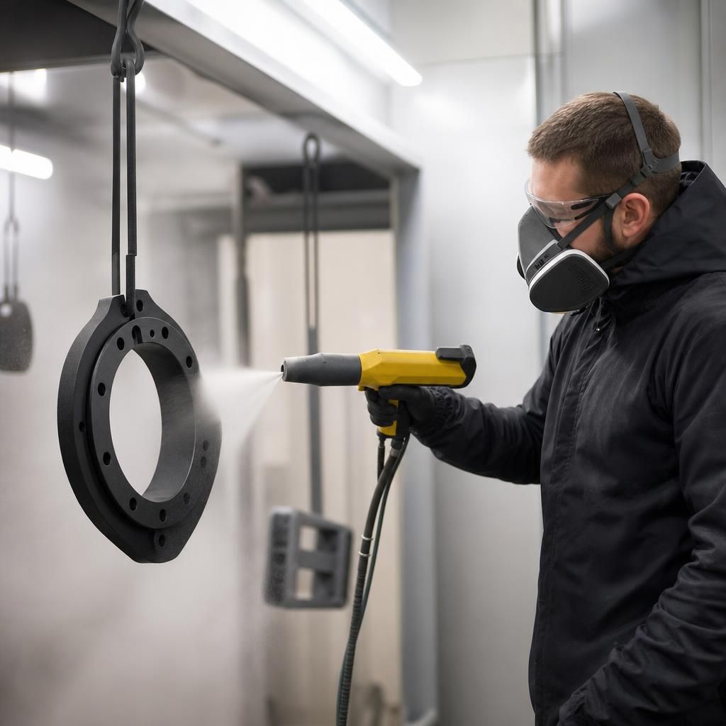 Technician applying nylon coating to a metal component