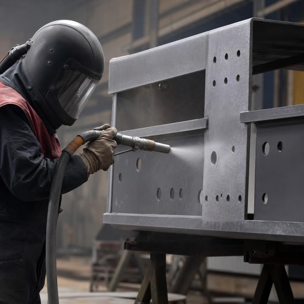 Close-up of a worker using a sandblaster on a metal surface