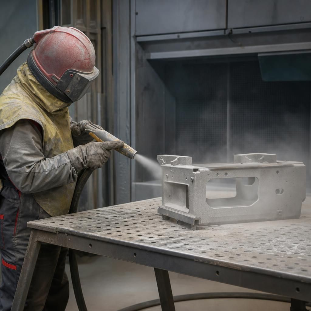 Close-up of laser tool removing coating from a small metal part