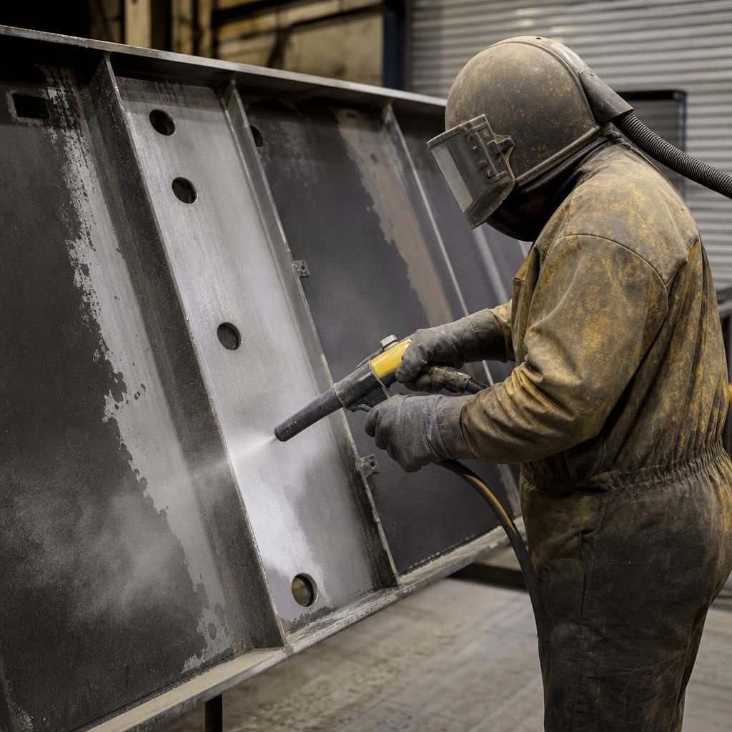 Worker applying electrostatic method to clean an intricate metal part