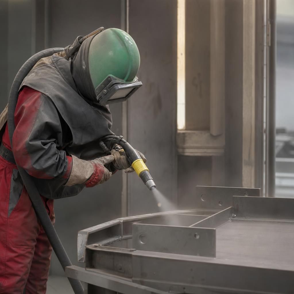 Large metal structure being sandblasted