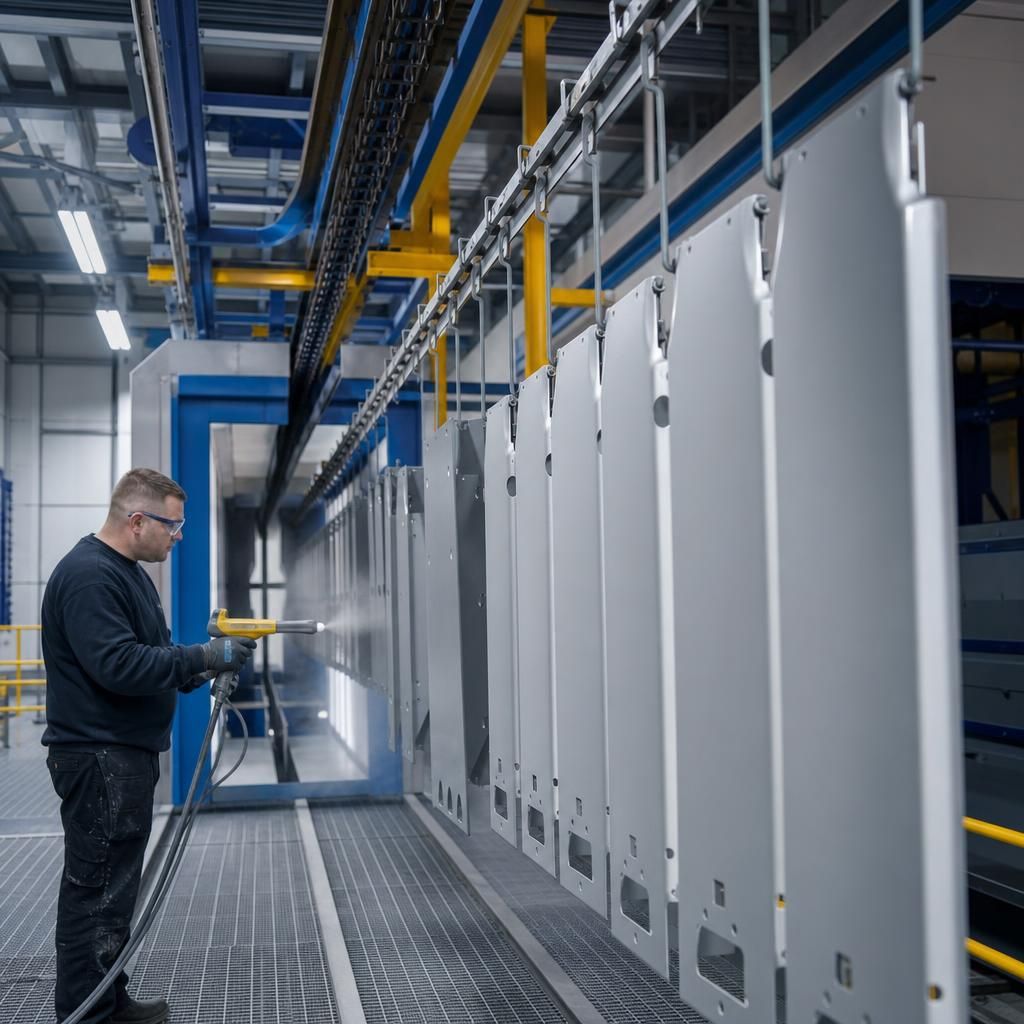 Metal components moving through a powder coating oven
