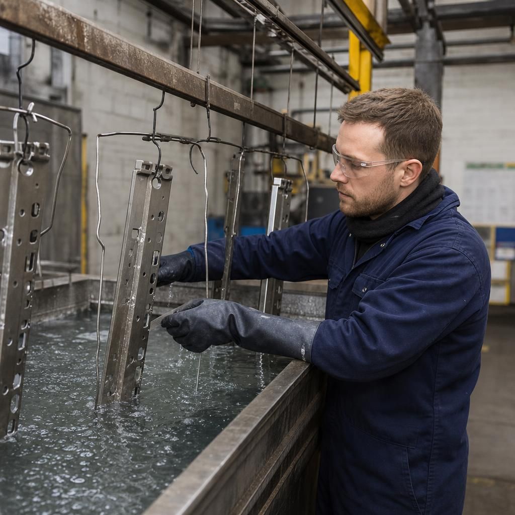 Specialist using alkaline cleaners on metal surfaces
