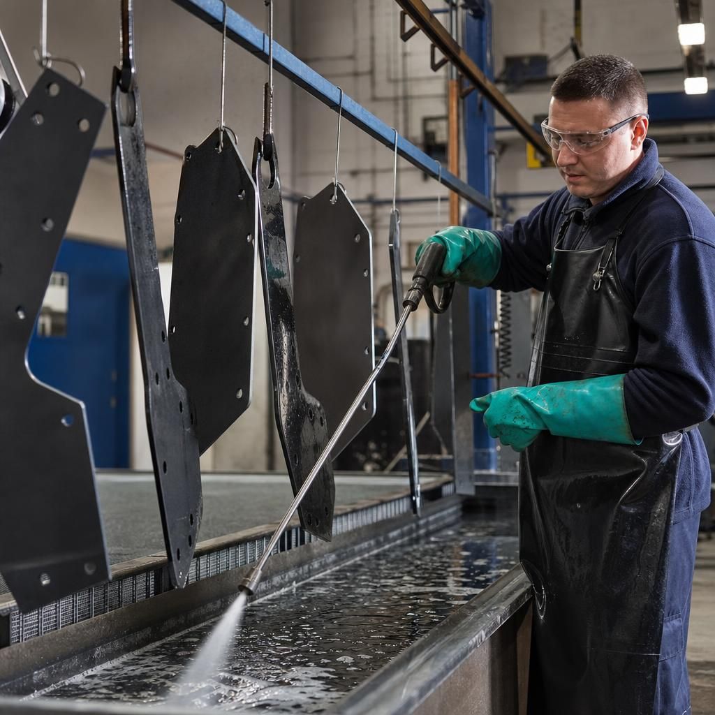 Metal parts undergoing rinse and dry phase
