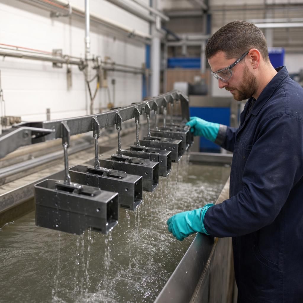 Technician inspecting cleaned metal components