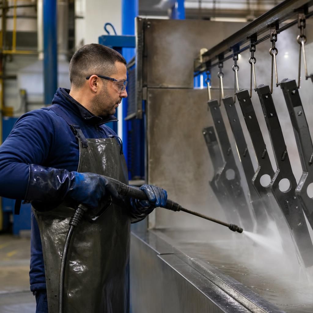 Alkaline cleaning solution acting on metal parts