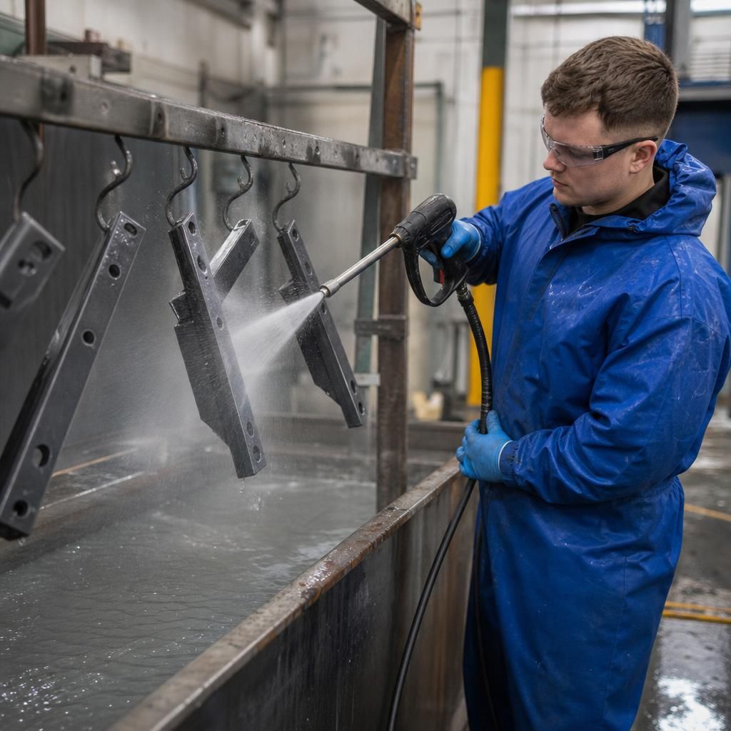Operator inspecting metal surface post-degreasing