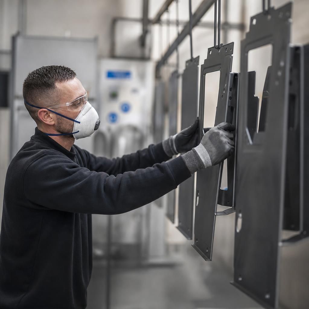 Expert assessing metal surface before powder coating