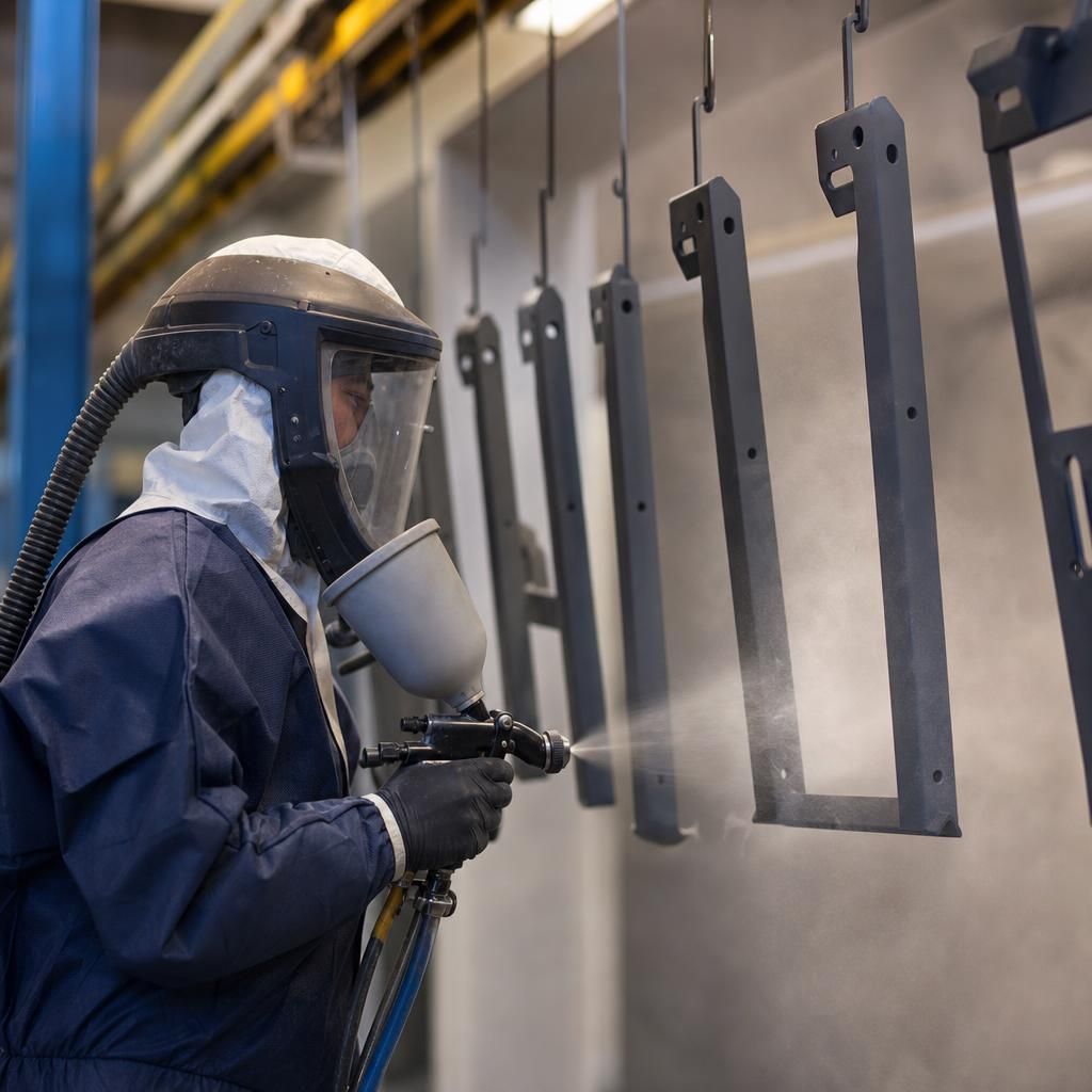 Assembly line with metal parts undergoing primer application