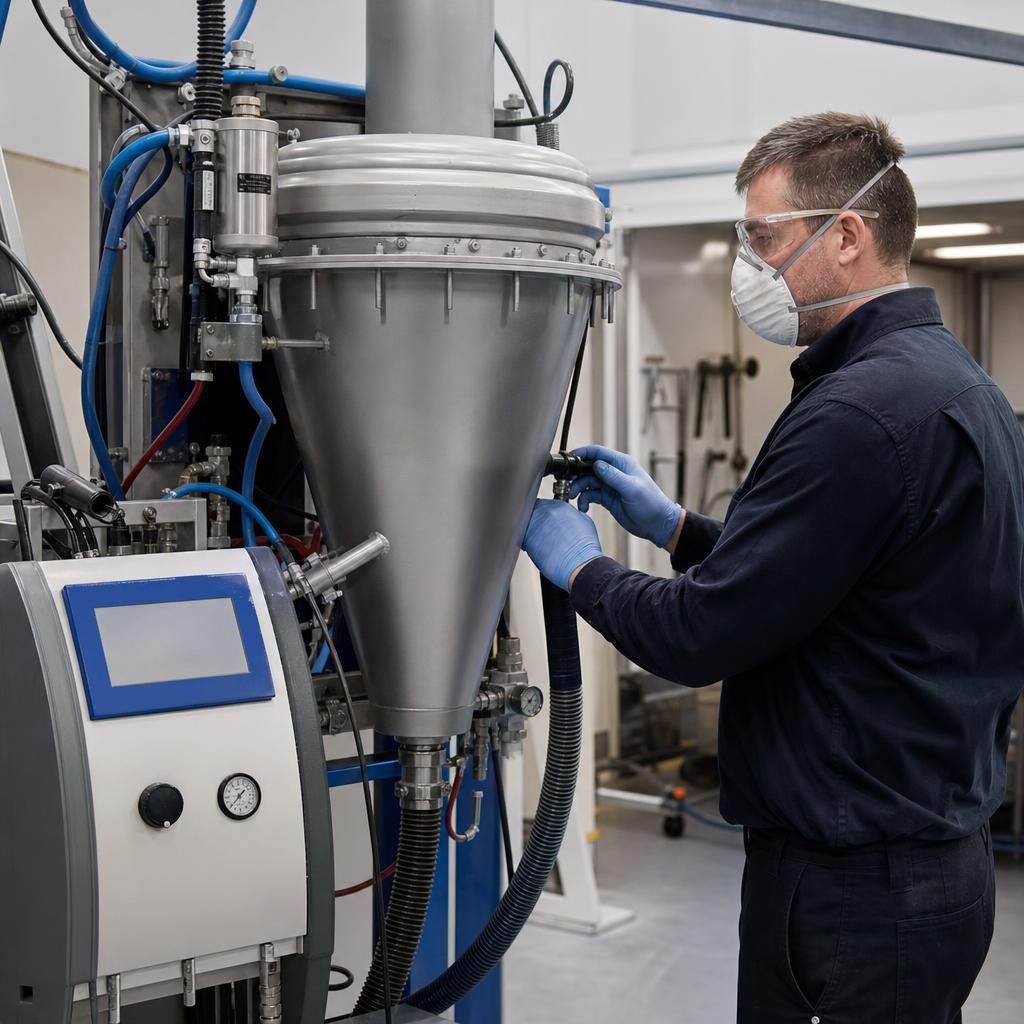 Technician adjusting equipment settings