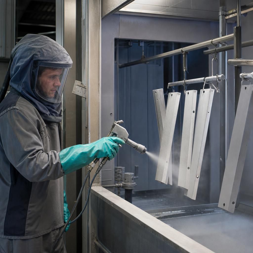 Zinc phosphate solution being sprayed onto metal parts