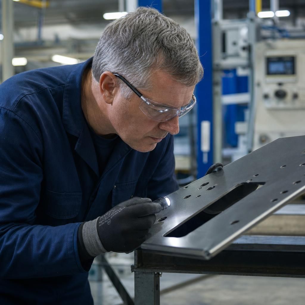 A technician examining a metal surface for pretreatment readiness