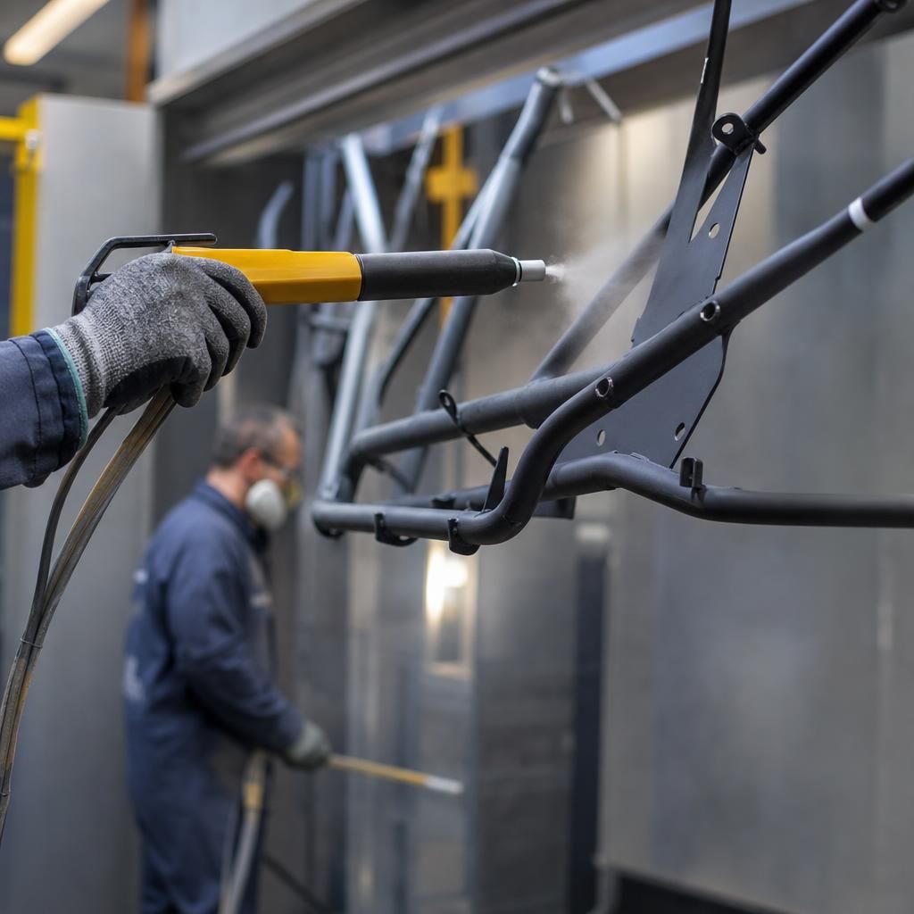Technician applying primer to metal