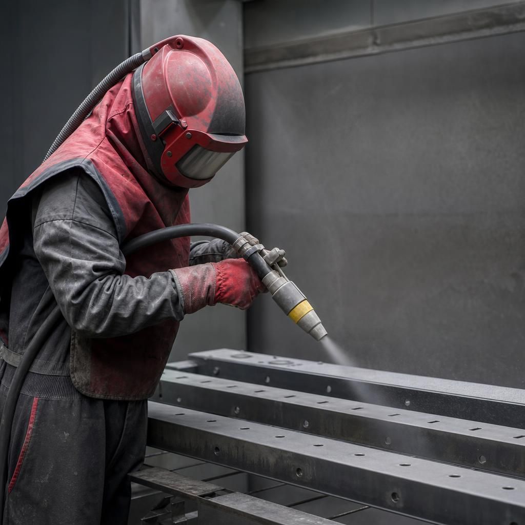 Shotblasting process removing rust from a metal beam