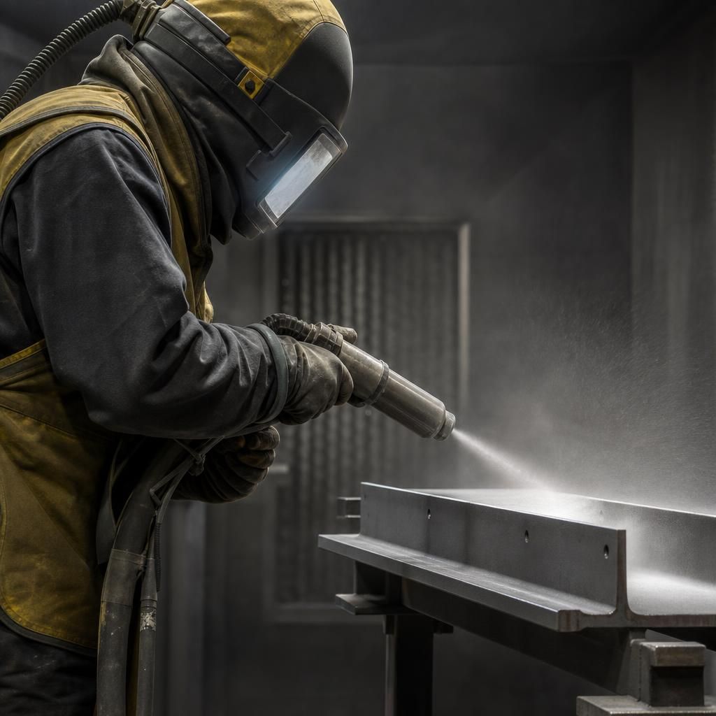 Mill scale being removed from metal using shotblasting