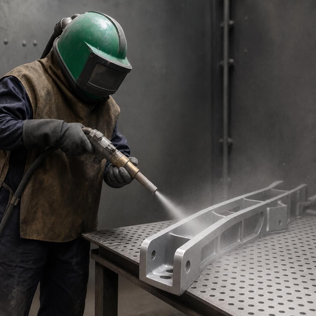 Automotive component under shotblasting treatment