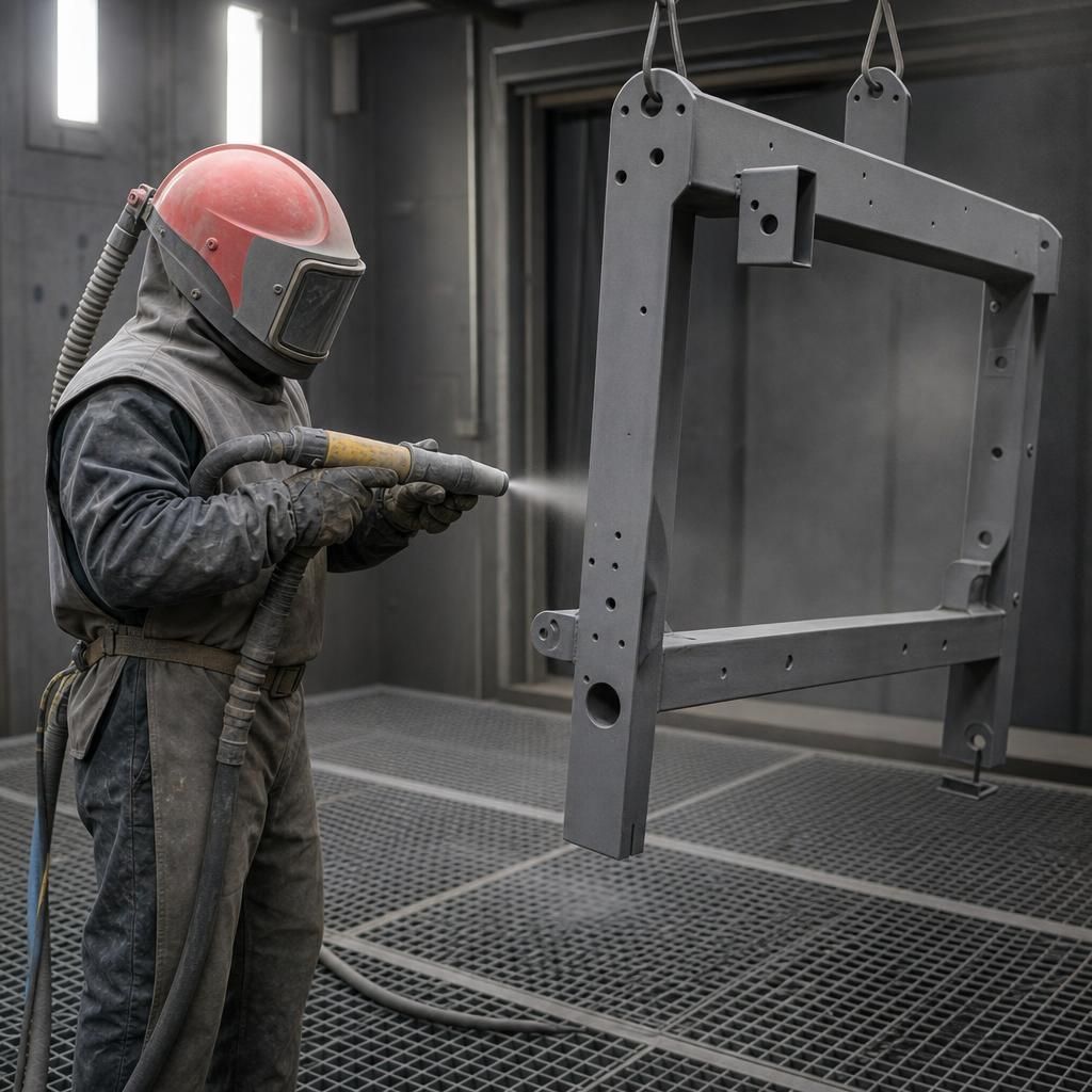 Large metal panels being processed with shotblasting