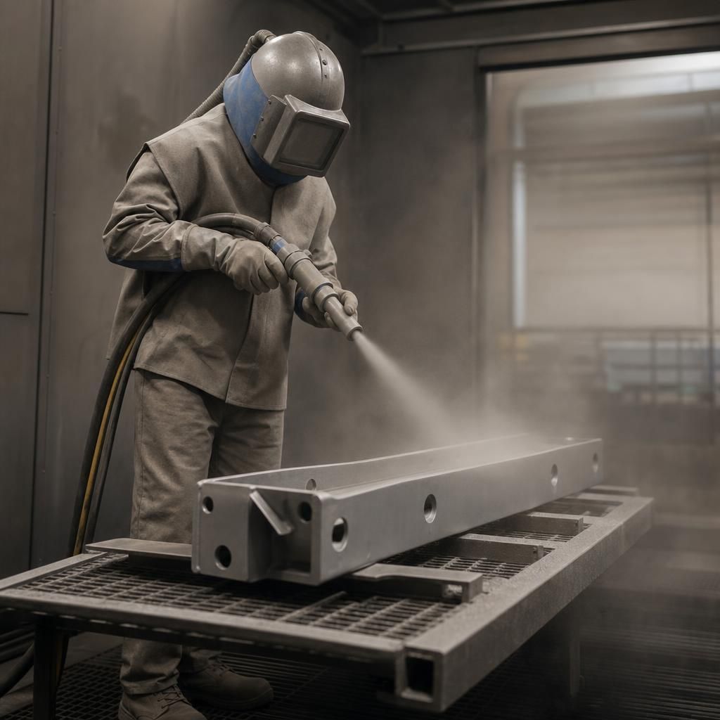 Protective mask being worn by a technician during shotblasting