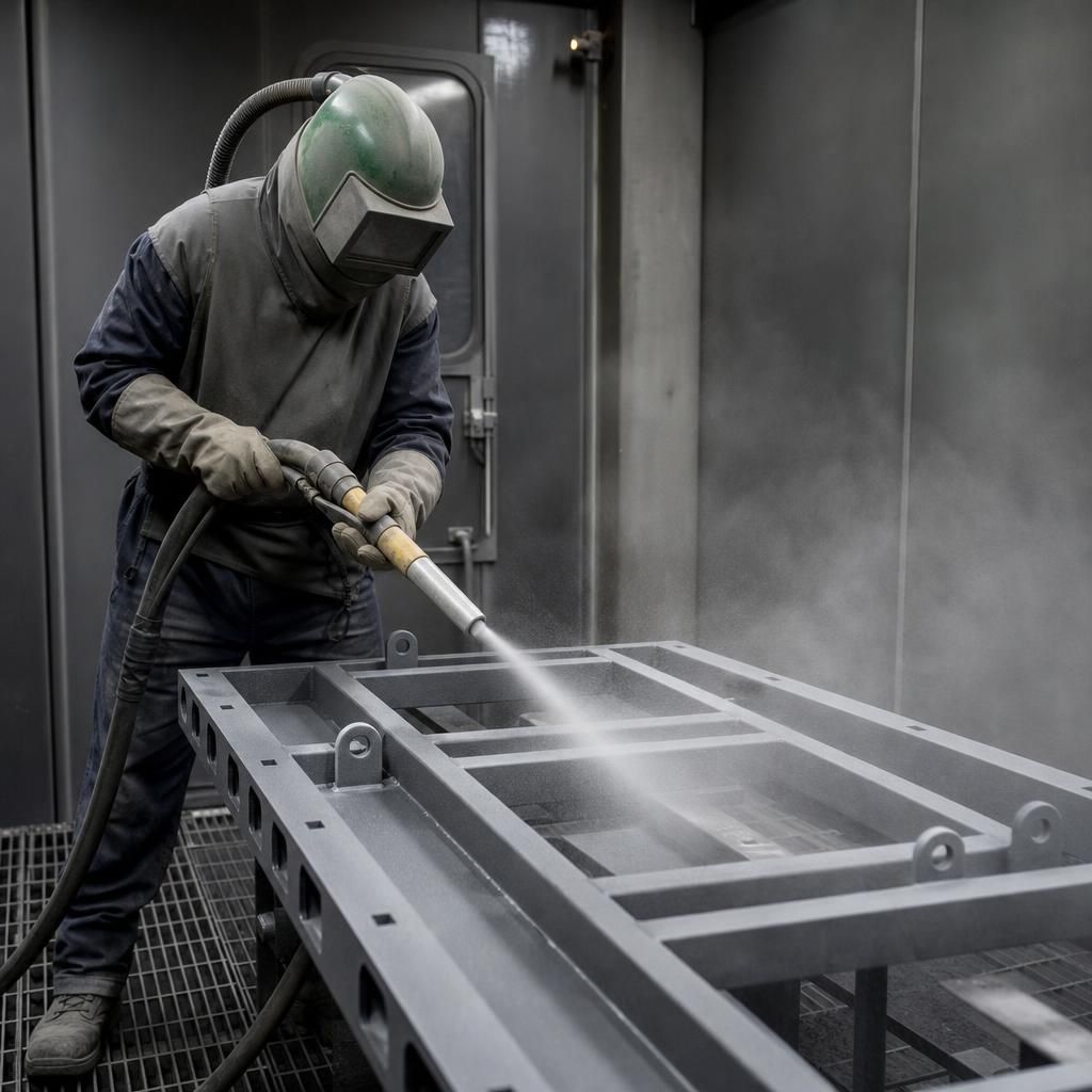 Blasting grit being loaded into a shotblasting machine