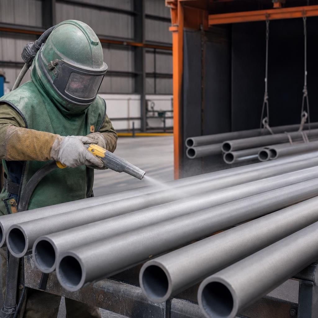 Close-up view of scaffold tube chemical cleaning process