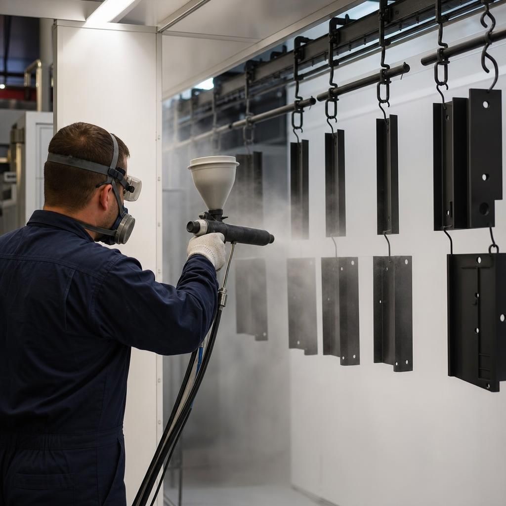 Technician adjusting powder coating equipment
